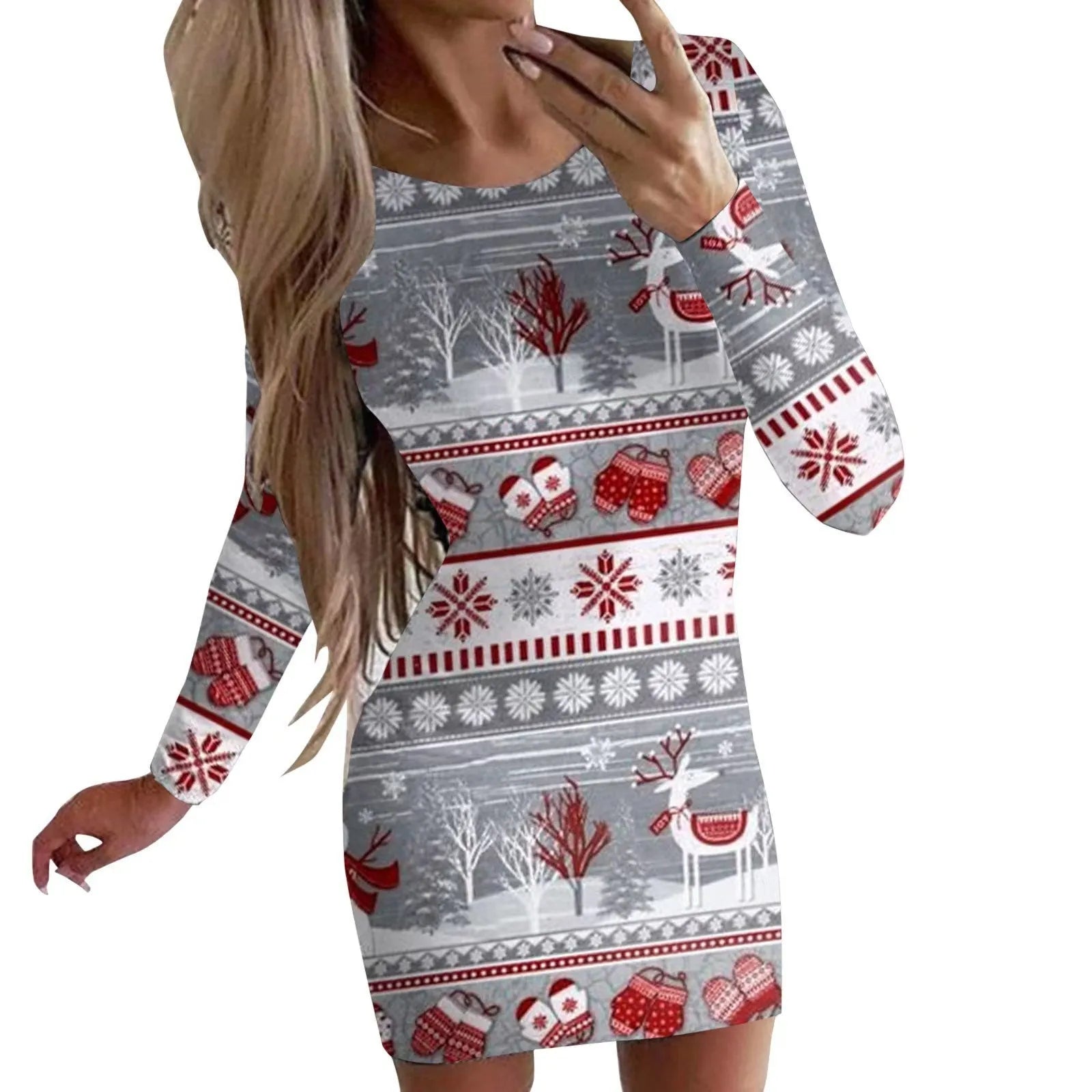Printed floral Christmas dress with round neck and long sleeves in fitted design