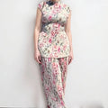 Women's long sleeve printed chiffon dress set with high-waist skirt and matching top