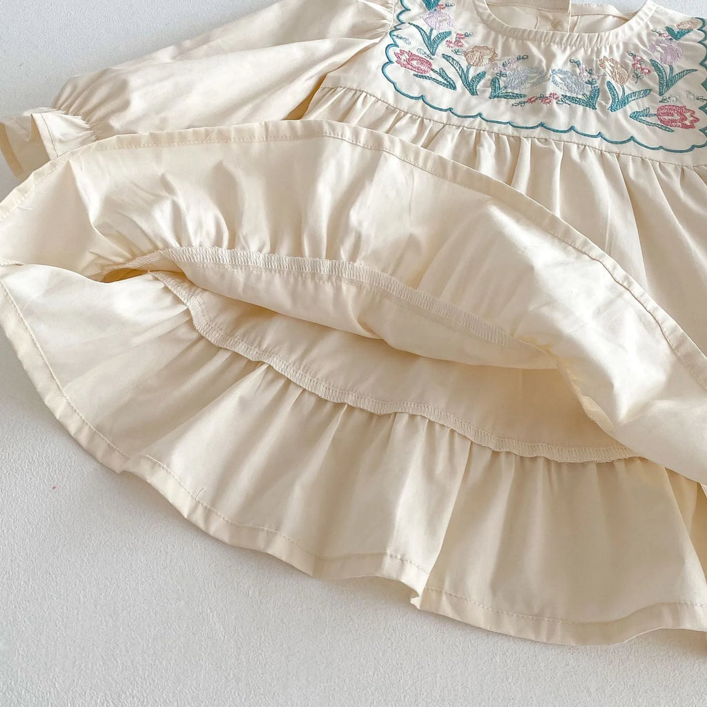 Girls' apricot cotton ruffled flower embroidered long sleeve princess dress for spring autumn parties