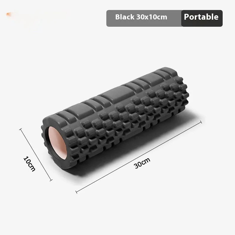 EVA foam roller for fitness in black, grey, pink, sky blue, or light purple, showing size options.
