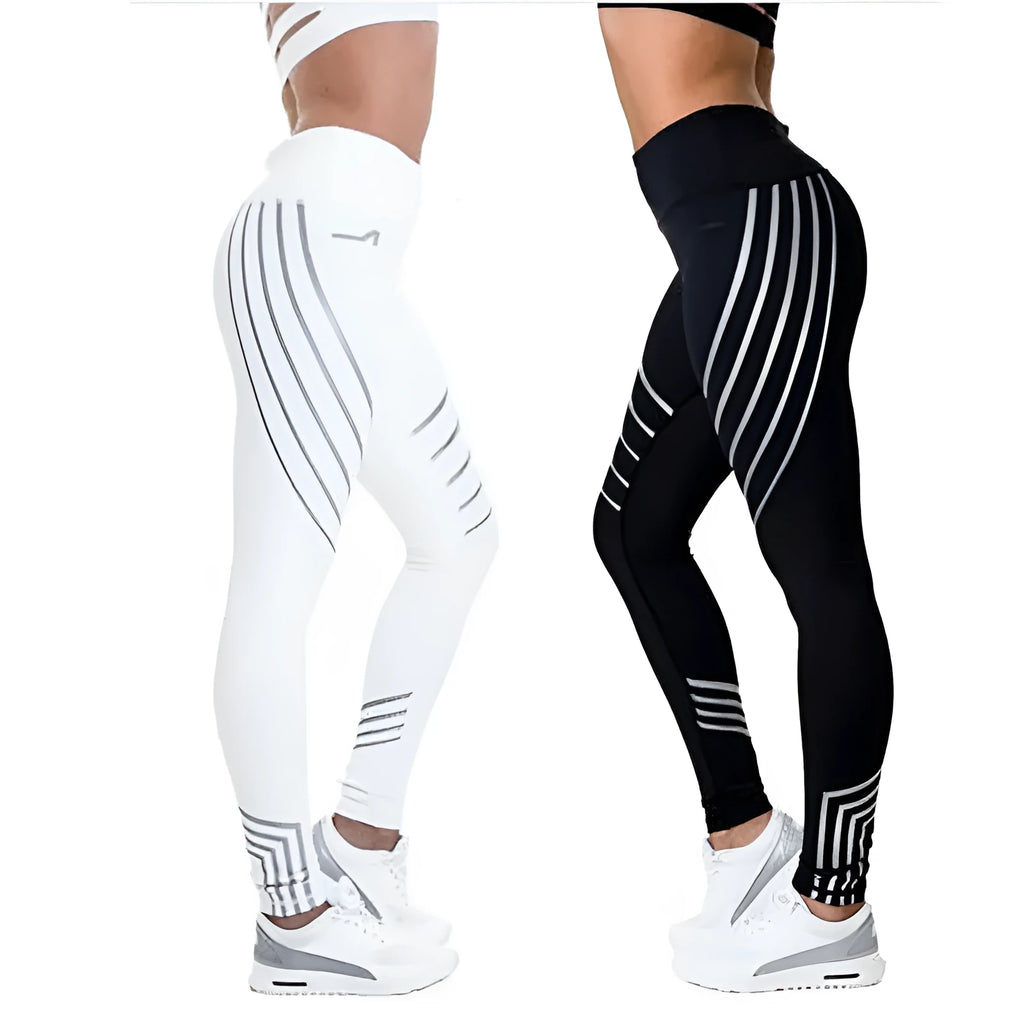Women's black high-waist workout leggings with night-glowing prints made from milk silk fabric