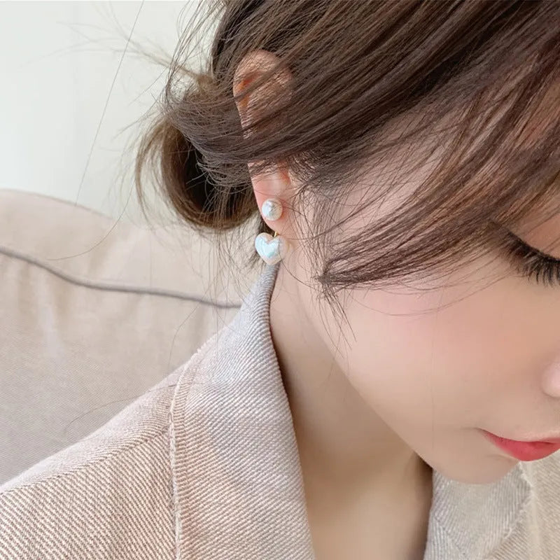Women's heart-shaped pearl stud earrings with alloy construction and electroplated finish