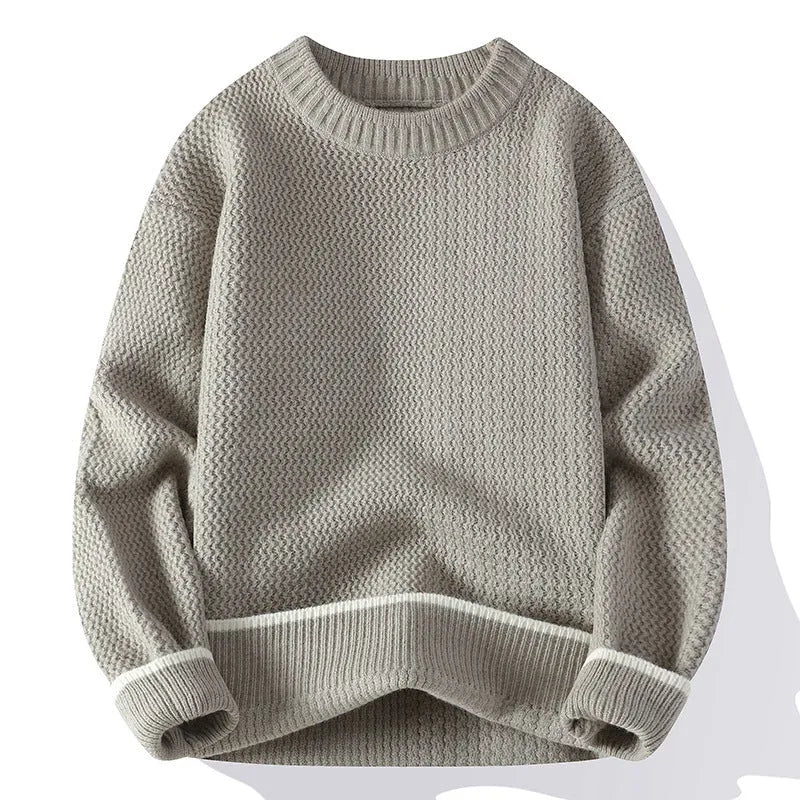 Men's grey loose-fit pullover sweater with round neck and long sleeves