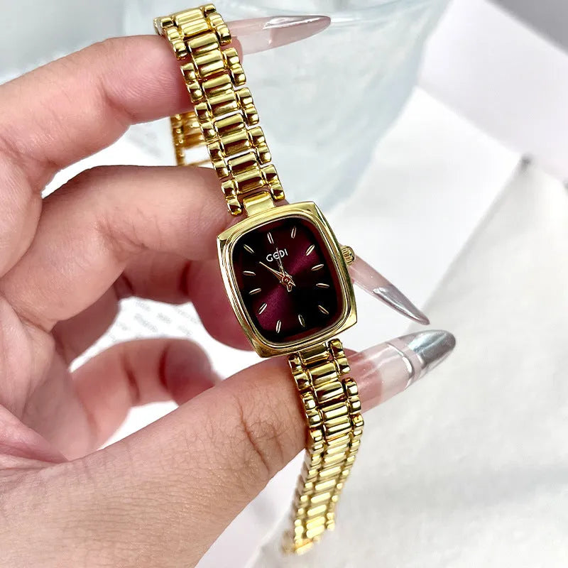 Small gold watch with gold alloy case and strap, 8mm thin, gold face