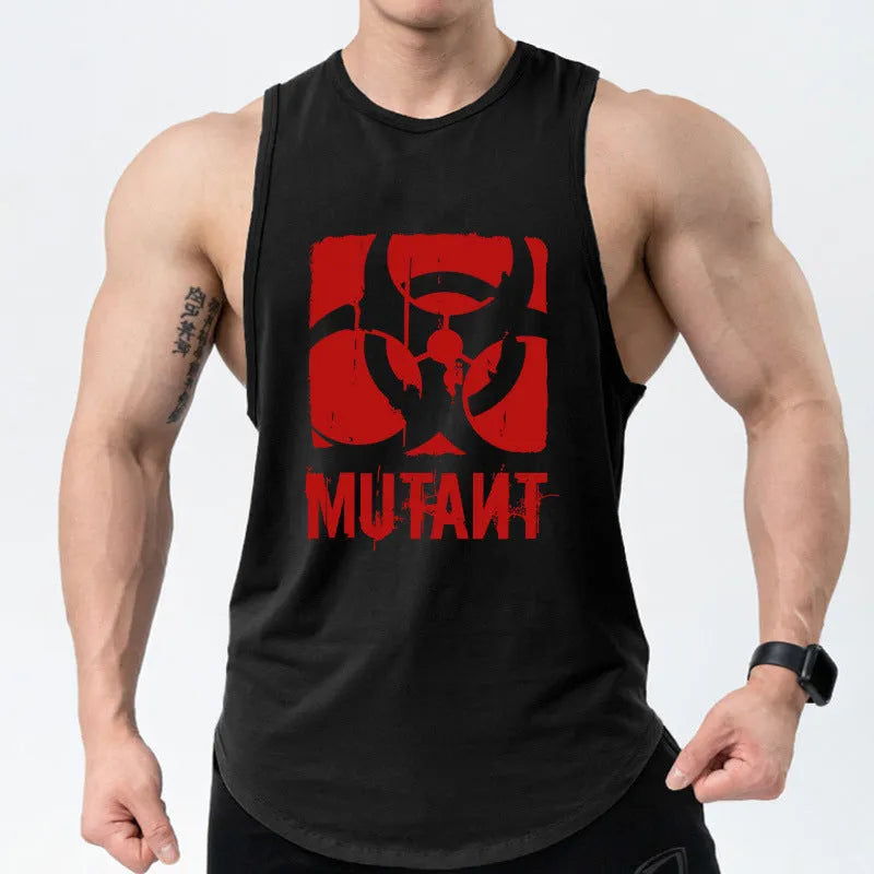 Man wearing a loose grey sleeveless polyester fitness vest for gym workouts.