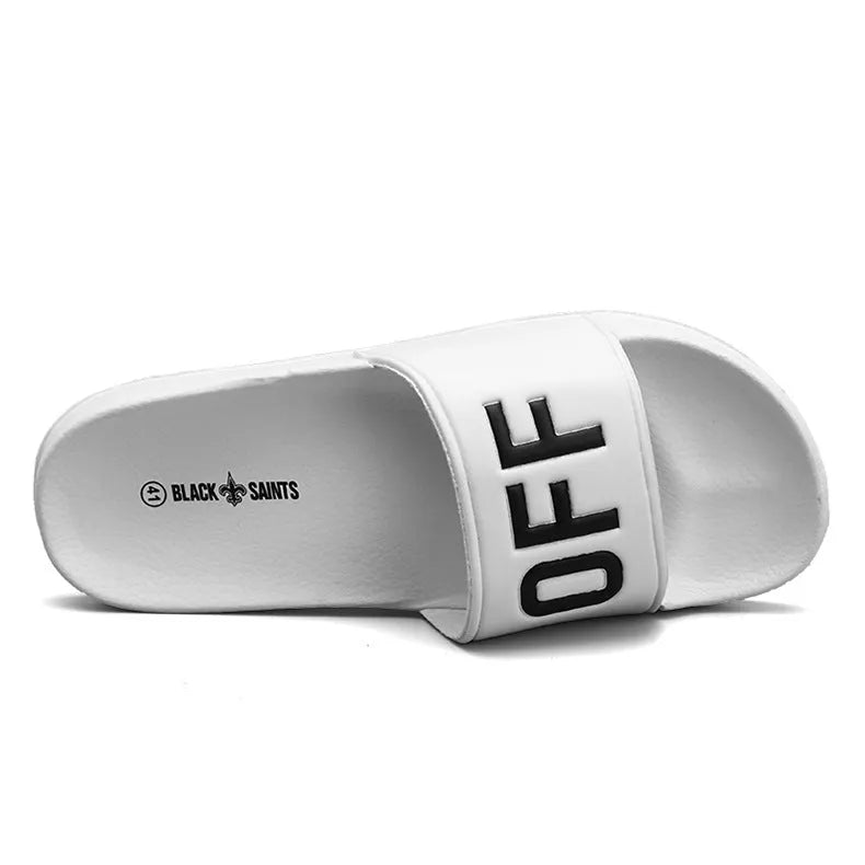Men's large personalised open toe slippers with rubber soles available in black and white colours