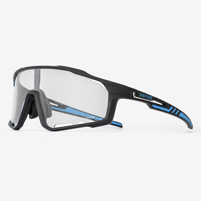 Photochromic cycling sports goggles with TR90 frame and semi-rimless design shown in multiple colour options.