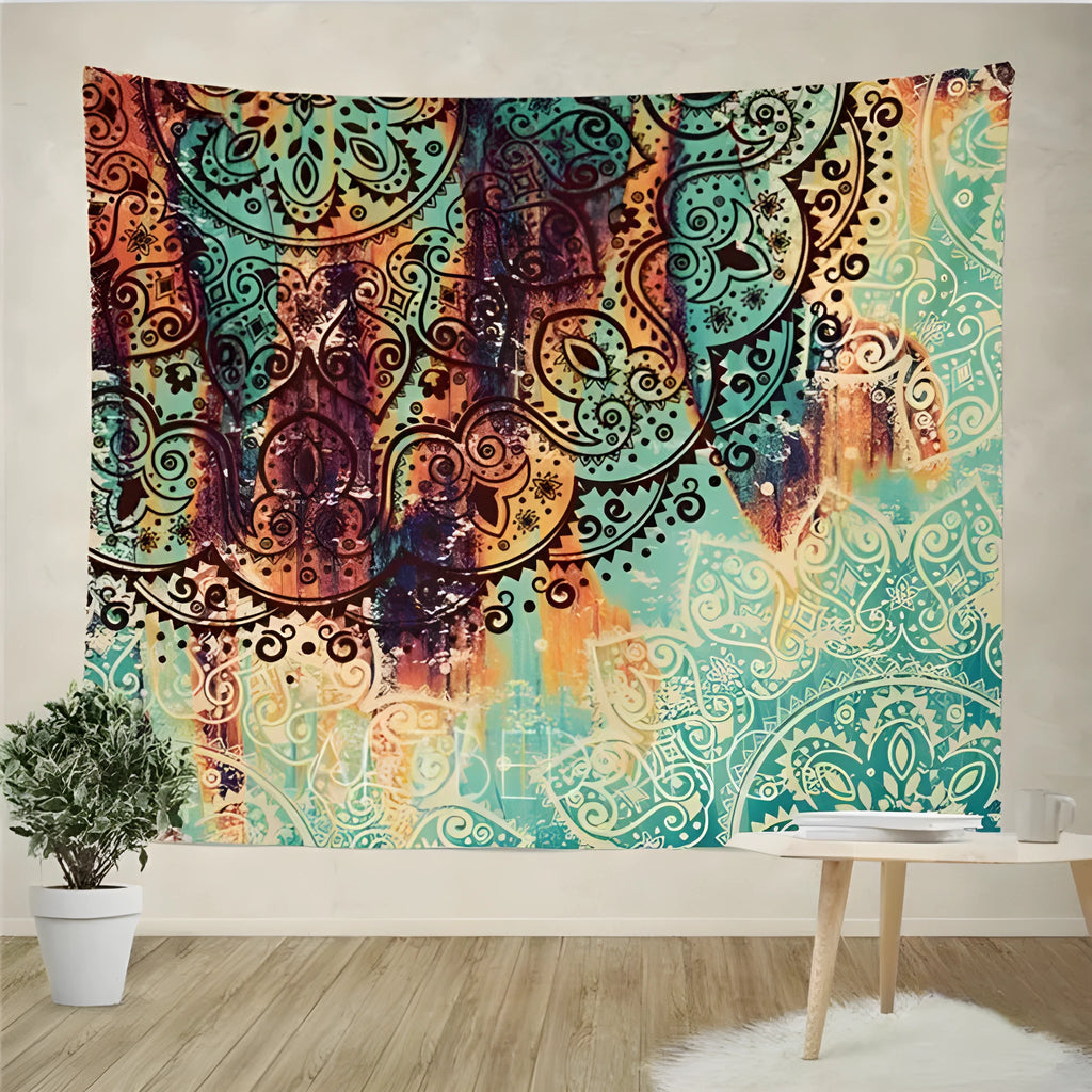 Bohemian mandala tapestry with printed sketched floral pattern on 100% polyester fabric