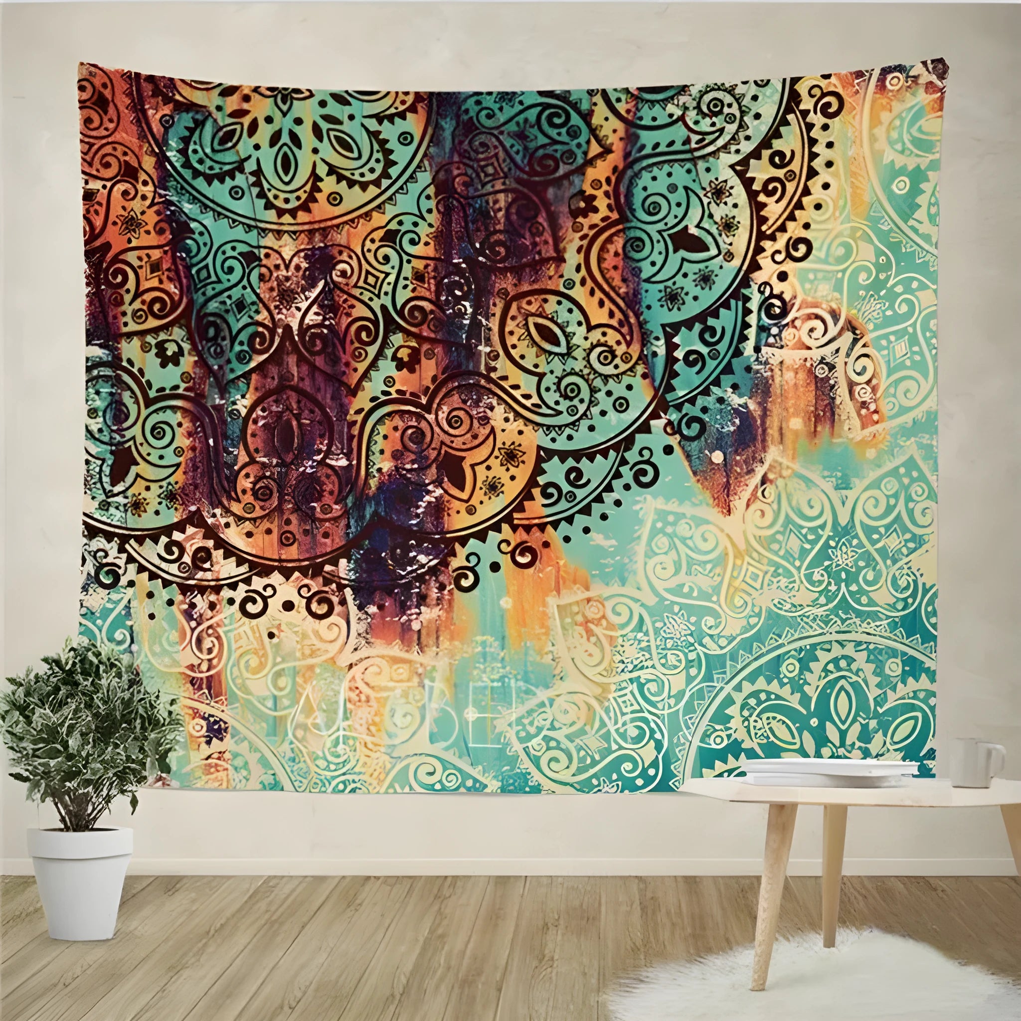 Bohemian mandala tapestry with printed sketched floral pattern on 100% polyester fabric