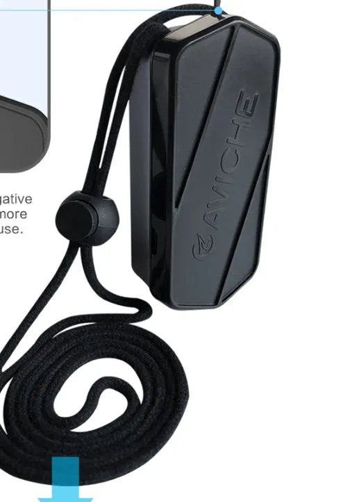Black wearable personal air purifier necklace showing compact dimensions.