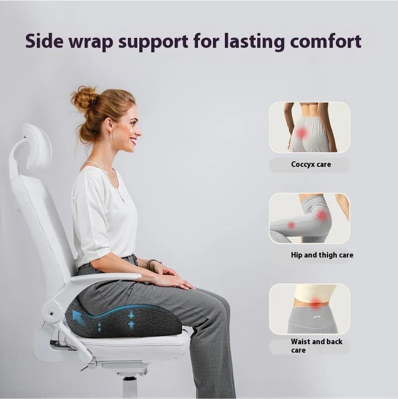 Memory foam office chair seat cushion in light grey colour showing dimensions of 46x43x12cm