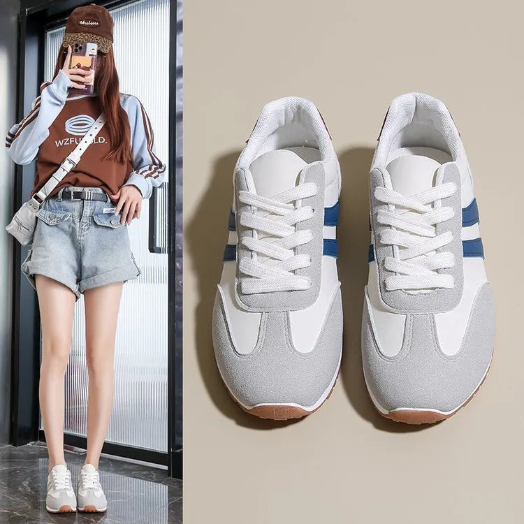 Blue and grey Cortez stripes leisure sports shoes with flat rubber soles and round toe
