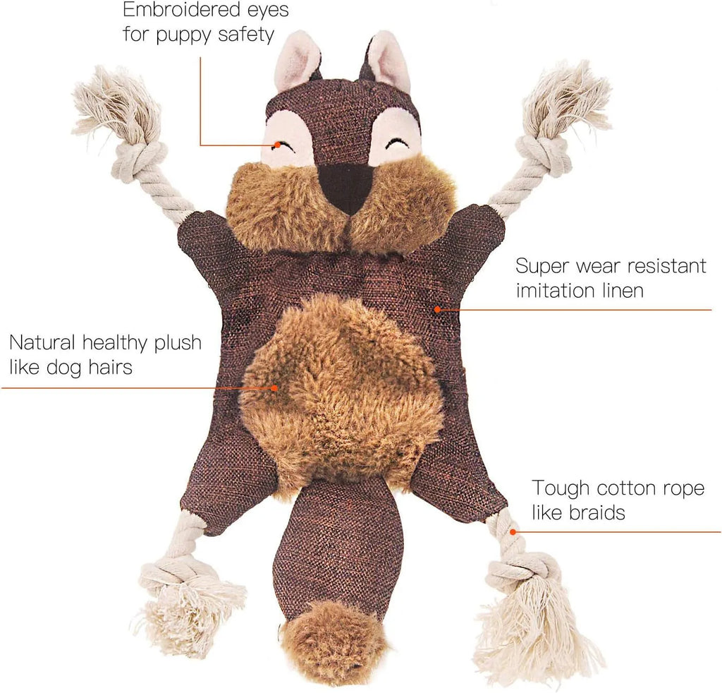 Brown plush fox dog toy with embroidered eyes, cotton rope arms and legs, and a squeaker.