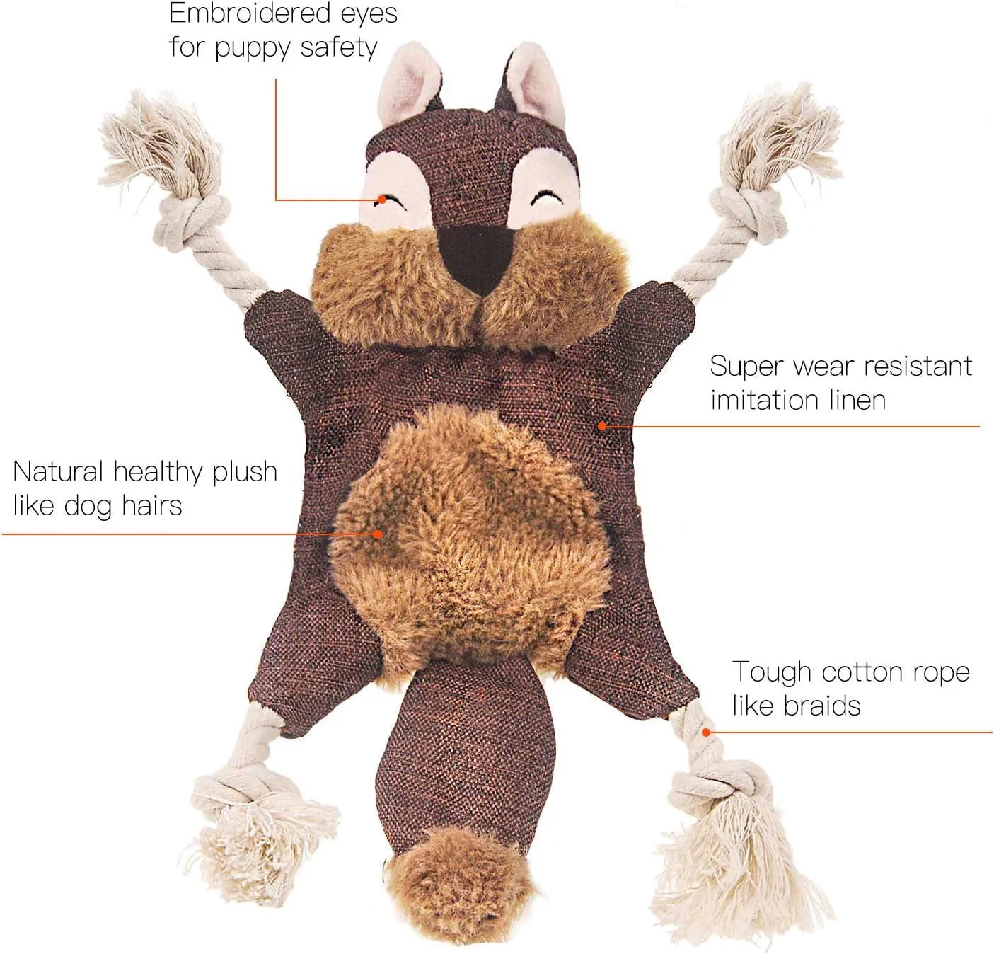 Brown plush fox dog toy with embroidered eyes, cotton rope arms and legs, and a squeaker.