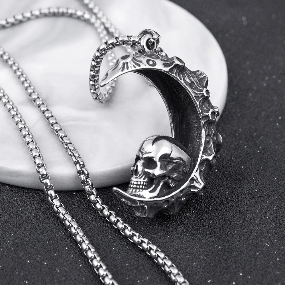 Men's silver skull pendant necklace with stainless steel chain in six sports style designs