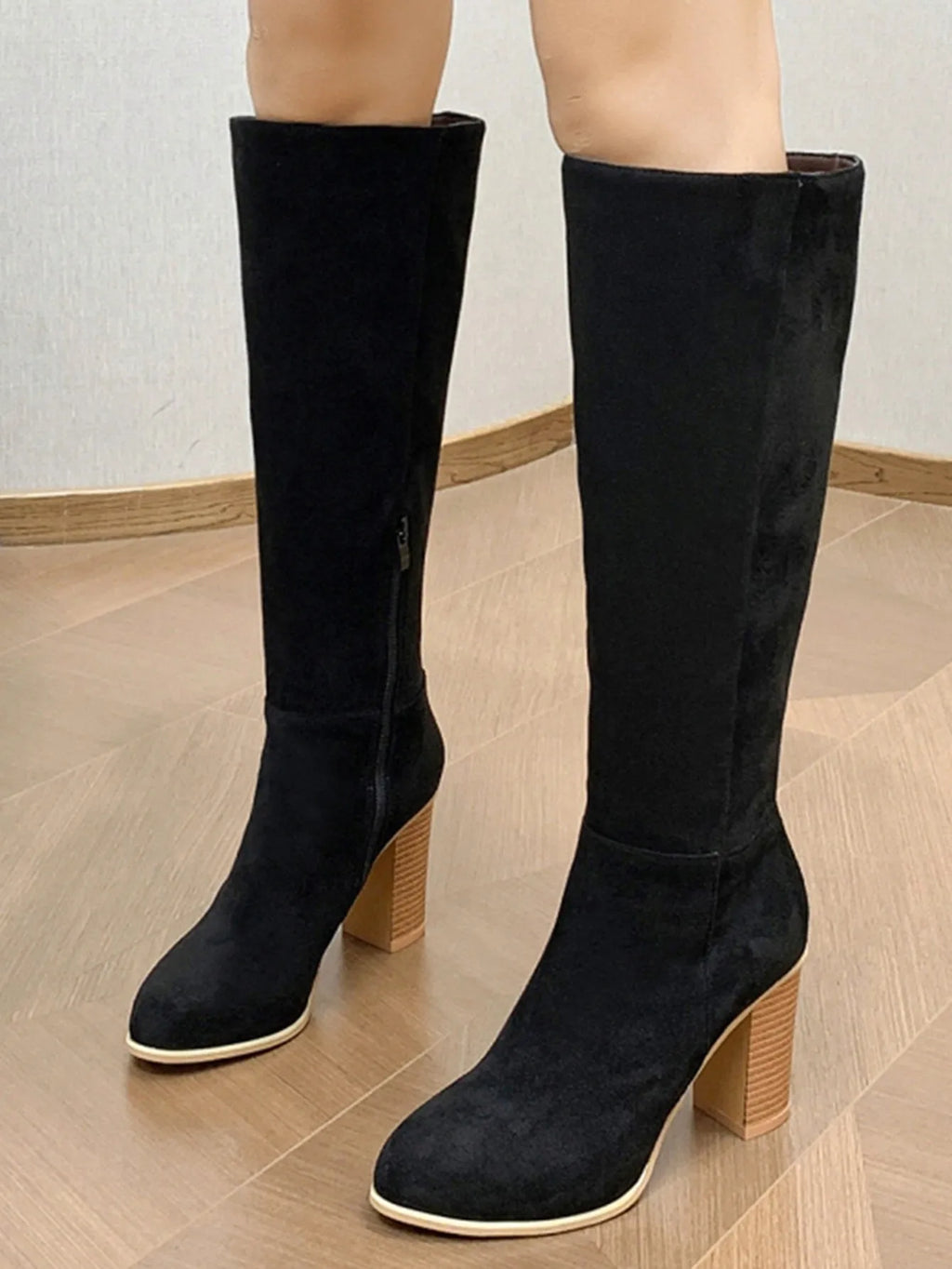 Women's black square toe high heel fashion boots made from artificial PU leather