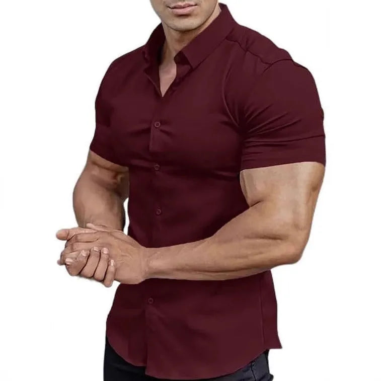 Men's short sleeve printed casual shirt in polyester, shown in multiple colour options.