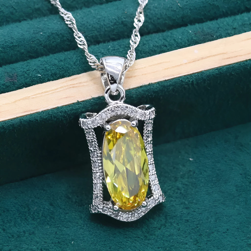 Yellow and olive anti-allergy zircon jewellery set with snake bone chain necklace, earrings, ring, and bracelet