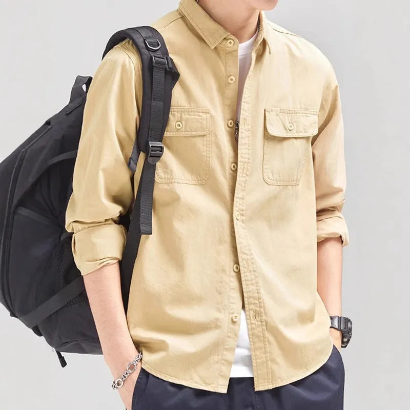 Men's loose fit long sleeve cardigan shirt in light grey, black, khaki or green colours