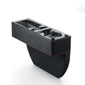 Black leather and plastic car seat gap storage box inserted between car seat and centre console