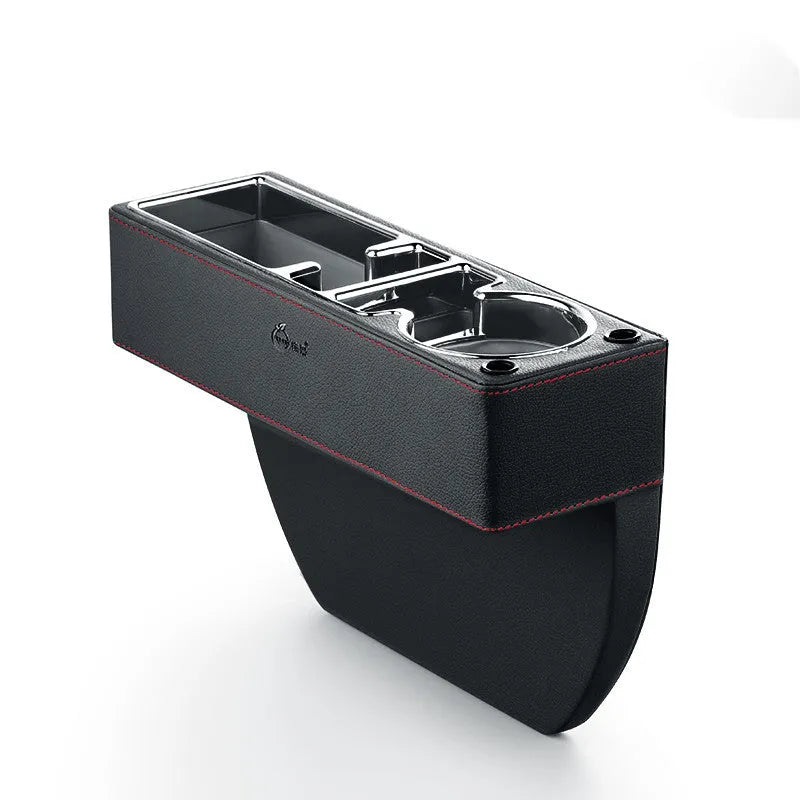 Black leather and plastic car seat gap storage box inserted between car seat and centre console