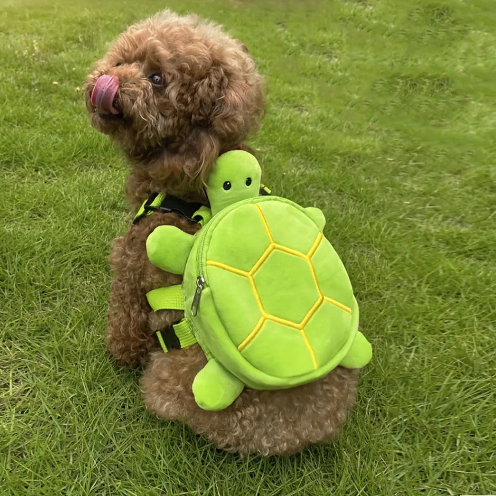 Turtle-shaped dog backpack harness in velvet with metal zipper, shown in available colours