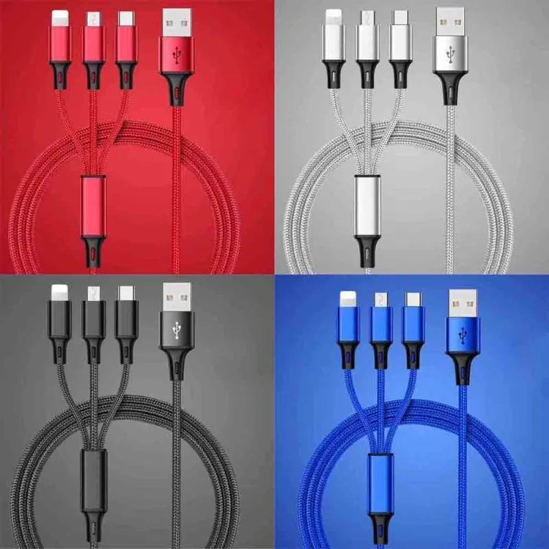 Braided 3-in-1 universal data cable with aluminium alloy connectors showing black blue silver red colour options