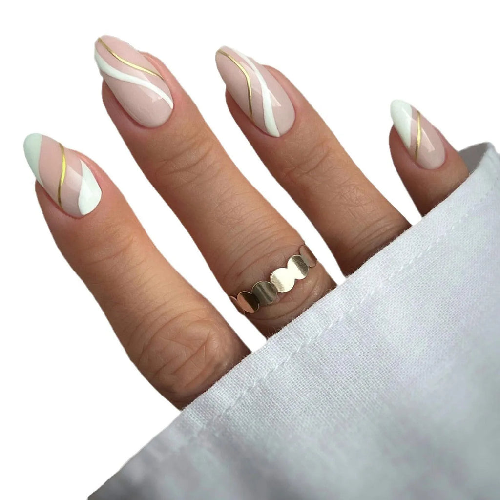 Wearable nail stickers with plaid pattern and translucent jelly glue finish in medium drop shape