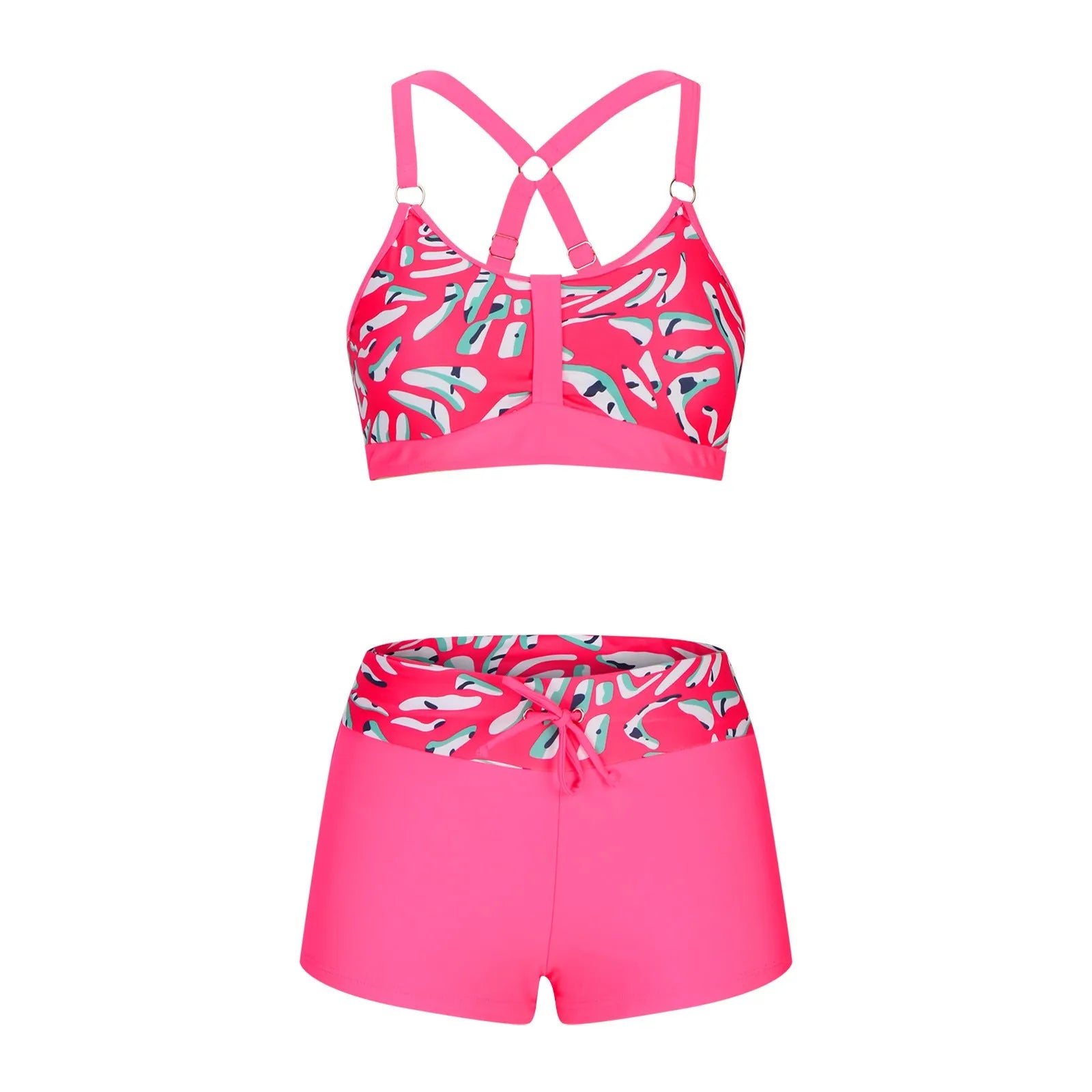 Women's floral print polyester bikini swimsuit set with bra and shorts on a neutral background.