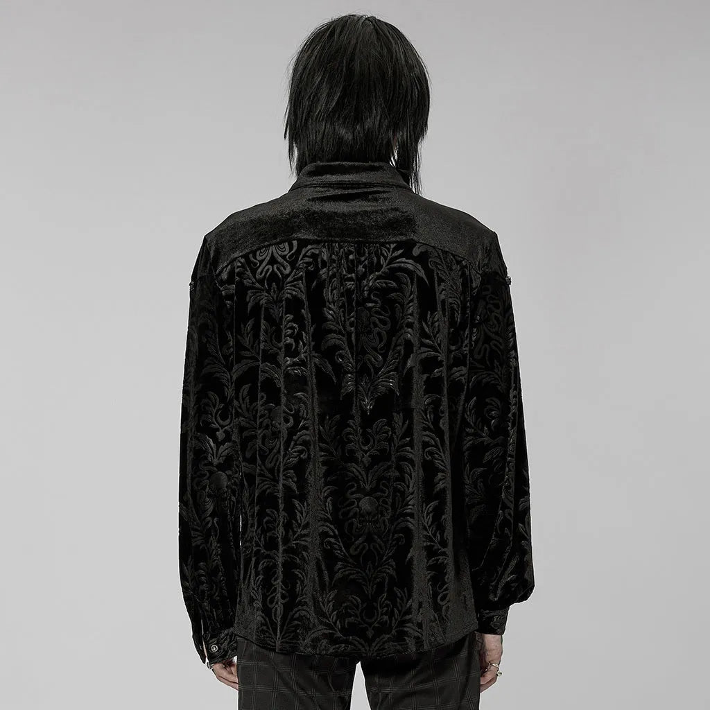 Black gothic preppy style men's velvet shirt with pointed collar and long sleeves