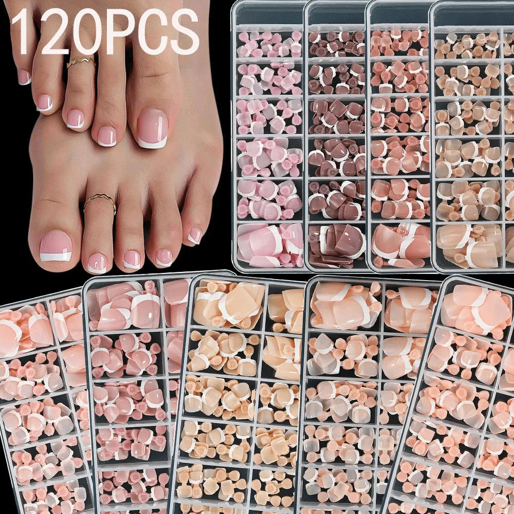 120-piece box of full square short French white tip nude press-on toenails in assorted shades