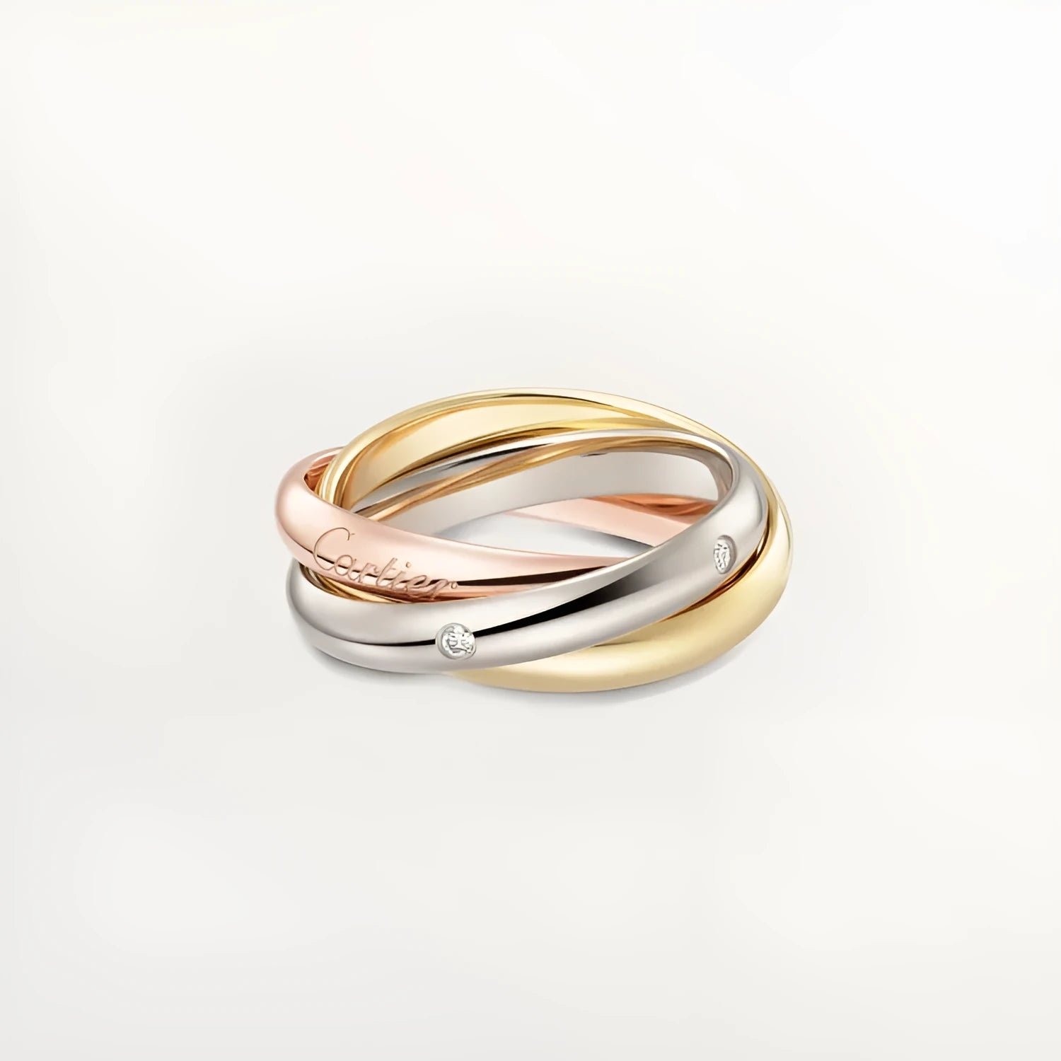 Geometric U-shaped silver couple ring with a full diamond band on a black background.