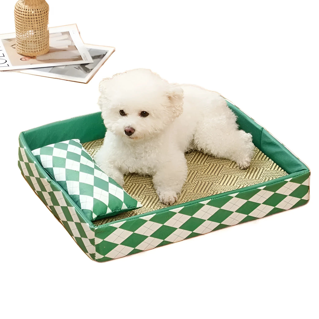 Blue woven rattan cat litter mat functioning as a raised pet bed, shown in a large size.