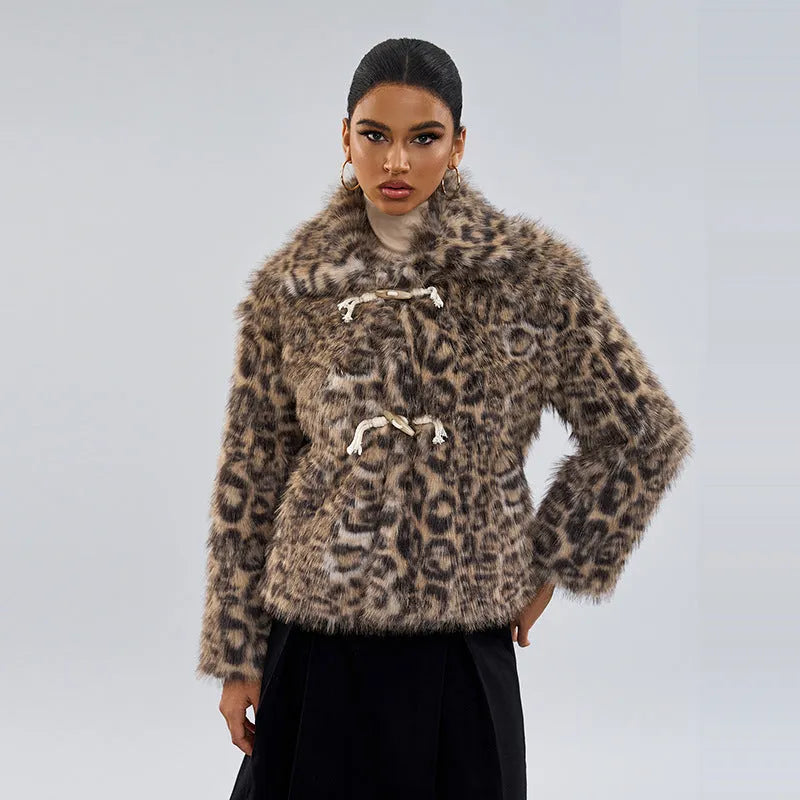 Women's leopard print street fashion coat with a buckled lapel