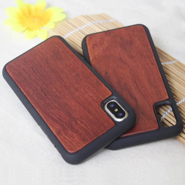 Wooden iPhone case with bamboo back and black TPU sides for multiple models.