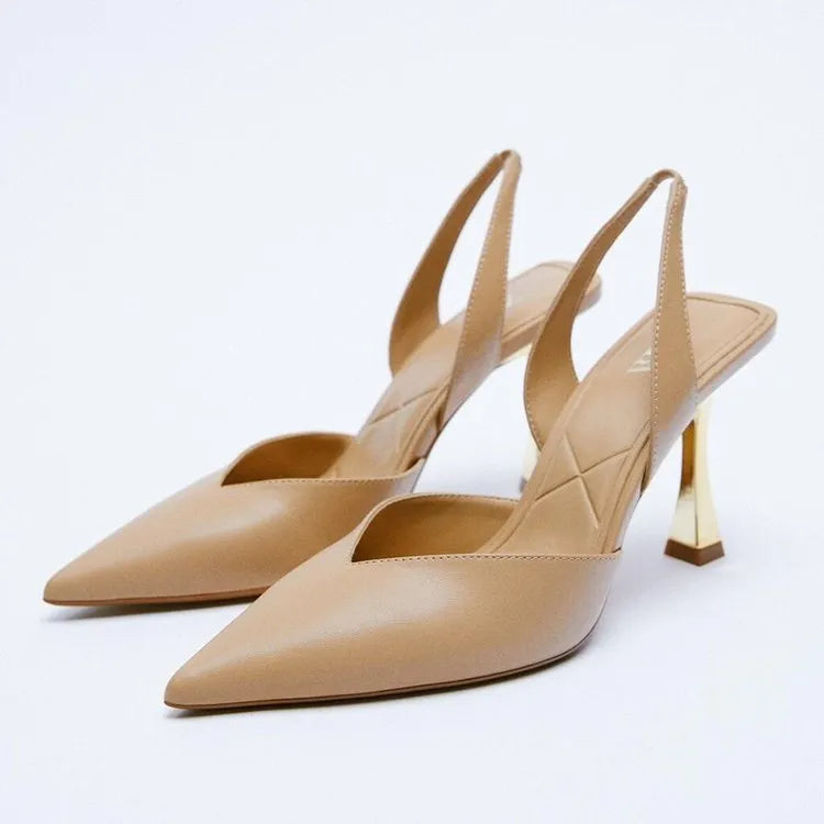 Women's pointed patent leather high heels in black and apricot colours with shallow mouth design