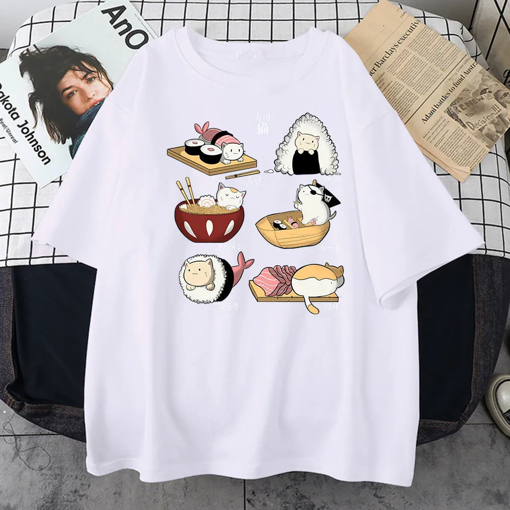 Men's loose fit cotton T-shirt with cat sushi cartoon print in multiple colour options