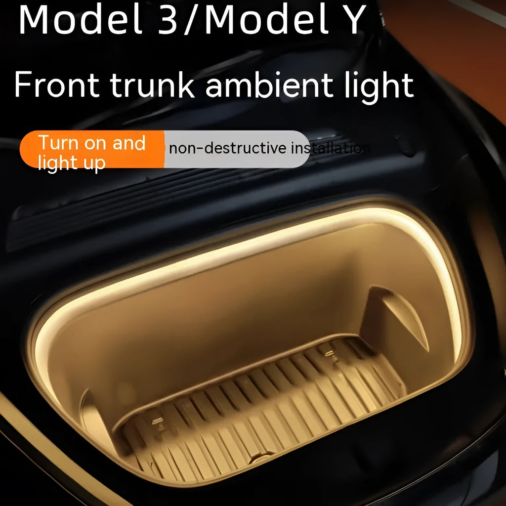 Tesla Model 3 and Y front backup box ambient lighting kit with soft silicone light bar in choice of colours
