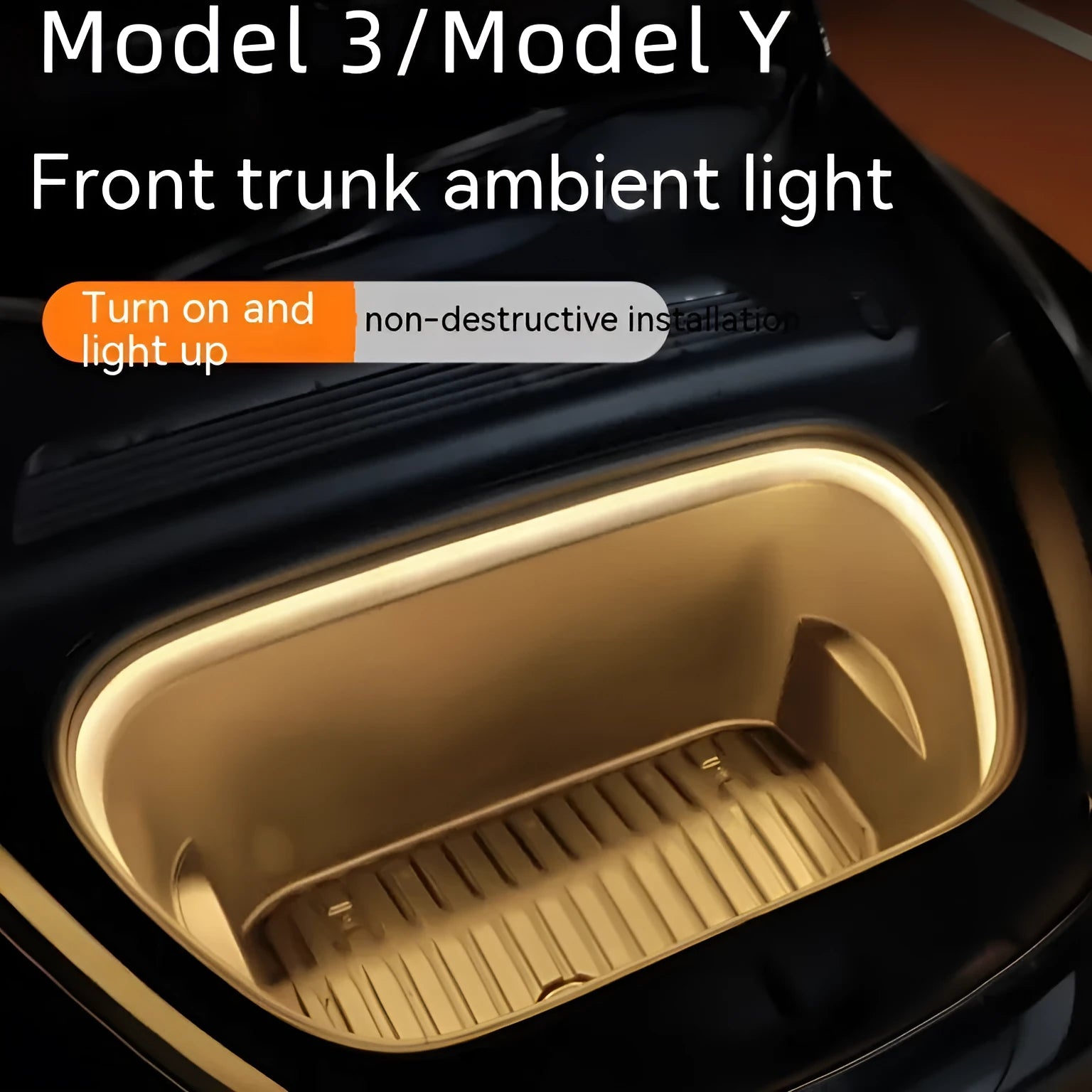 Tesla Model 3 and Y front backup box ambient lighting kit with soft silicone light bar in choice of colours