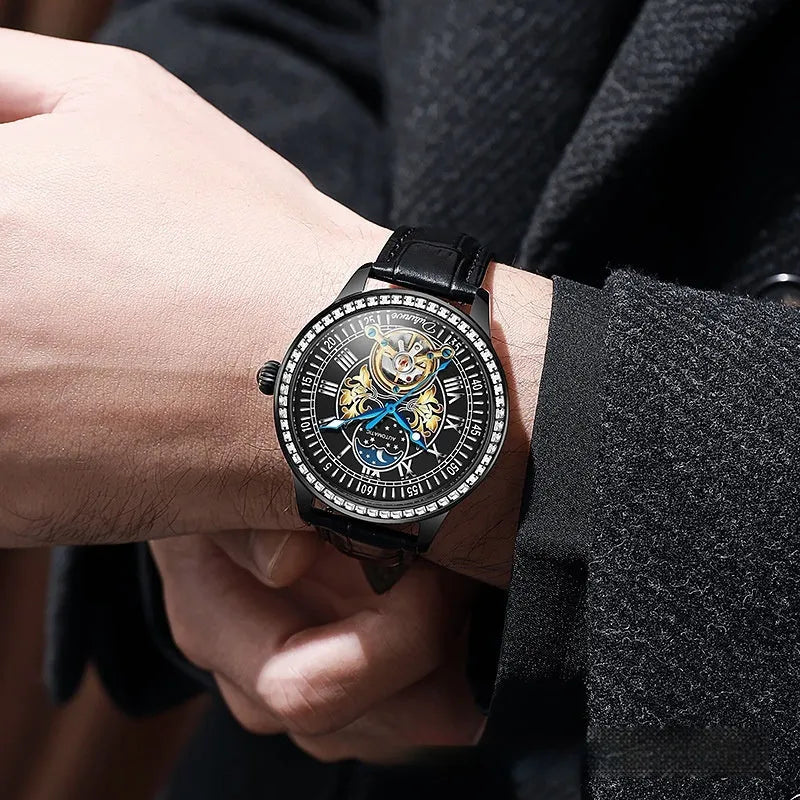Men's round-dial waterproof watch with a stainless steel case and strap on a wrist.