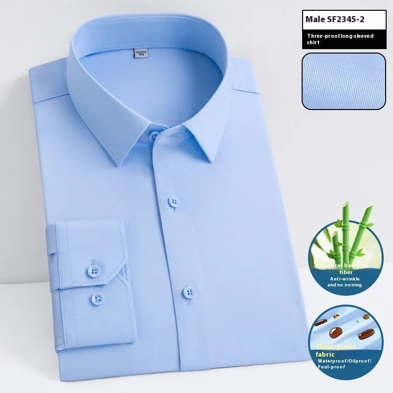 Men's slim fit waterproof bamboo fibre dress shirt with square collar and long sleeves.