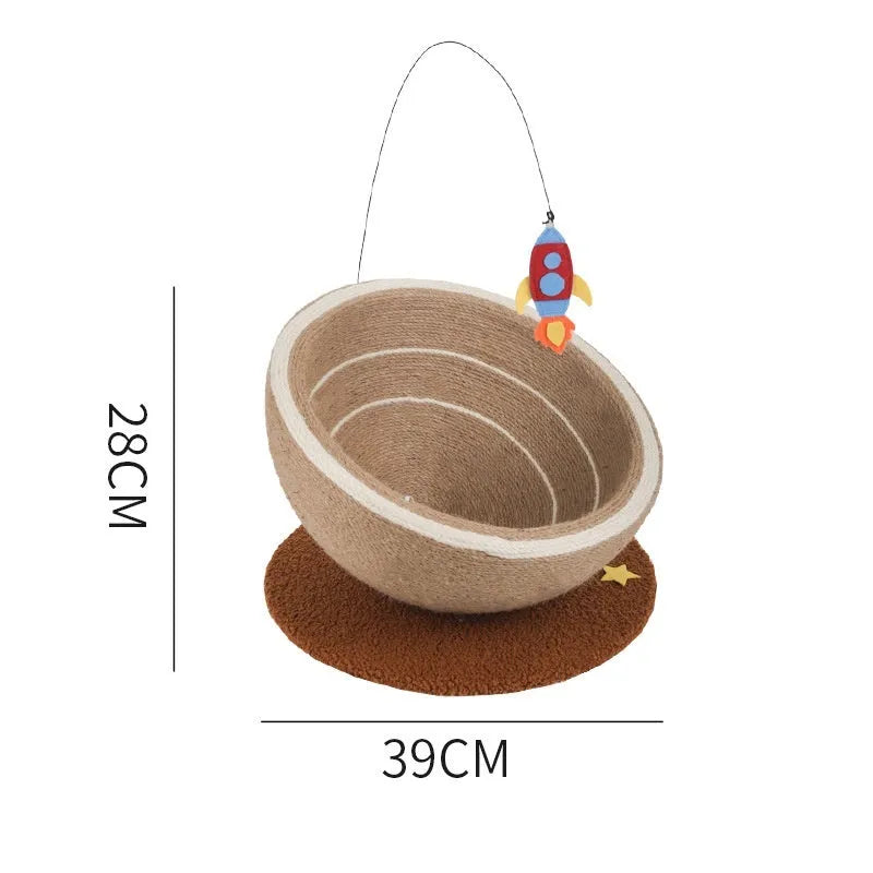 Large grey cat scratching basin and nest with sisal rope scratching surface and starry pattern design