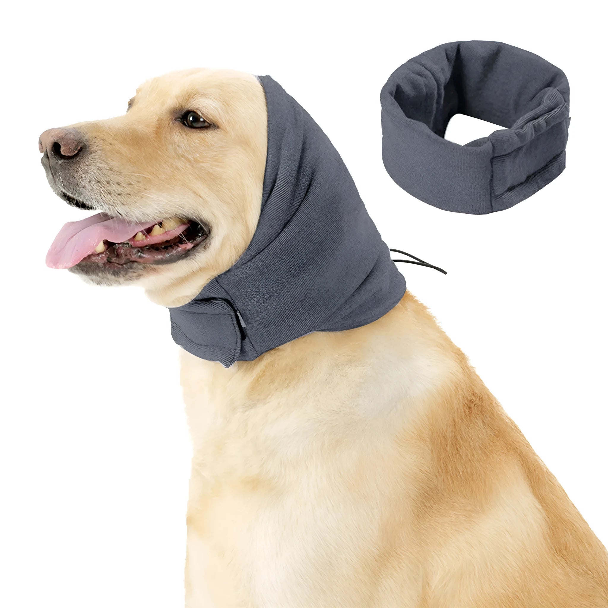Dog wearing calming hoodie with ear covers in soft polyester fabric