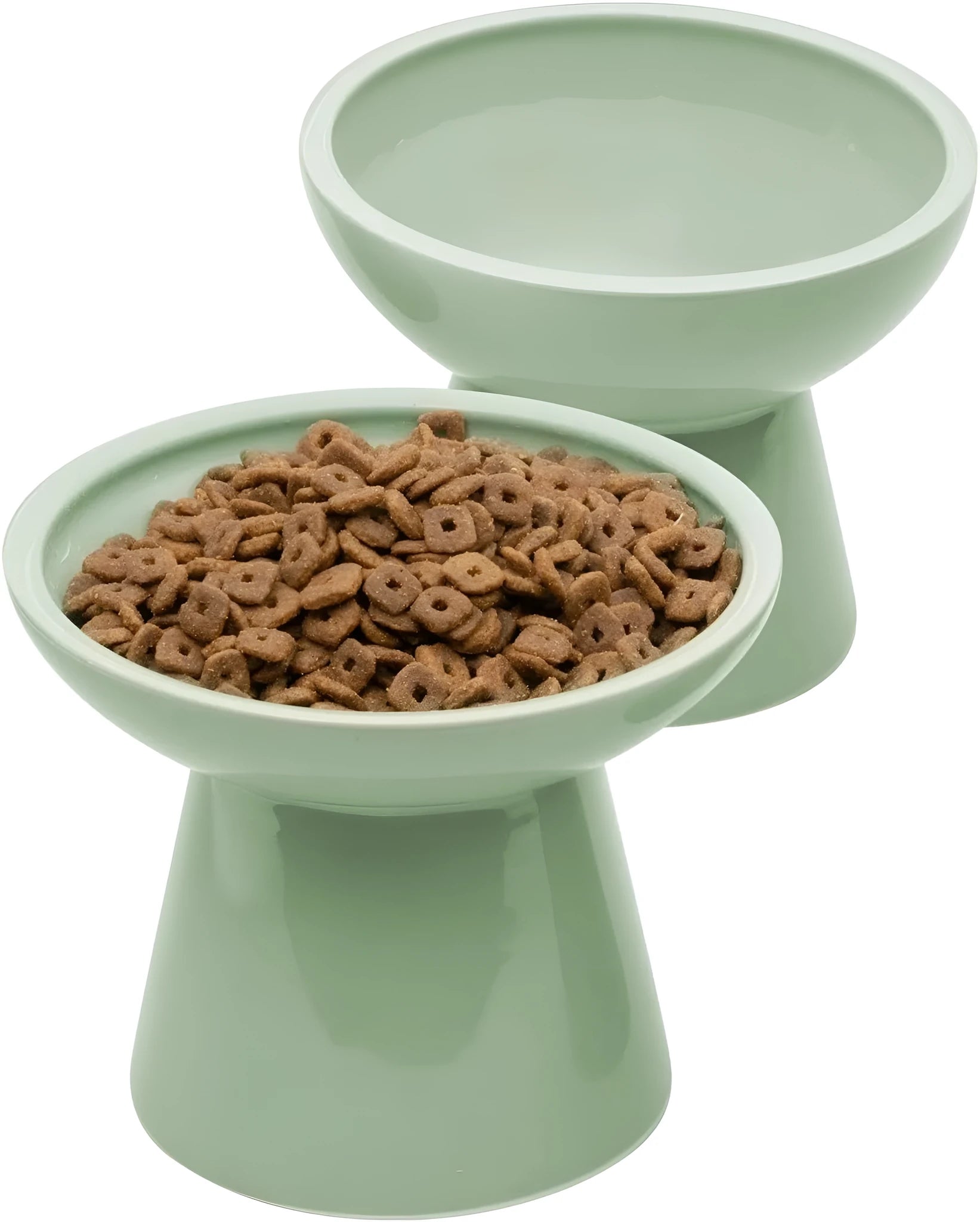 Extra wide elevated ceramic cat food bowl in blue green pink or white colour