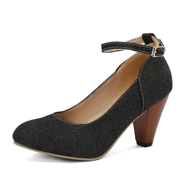 Women's blue denim platform heels with buckle closure and thick 6-8cm heel