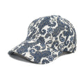 Blue polyester baseball cap with printed paisley pattern, dome crown style, size M 56-58cm