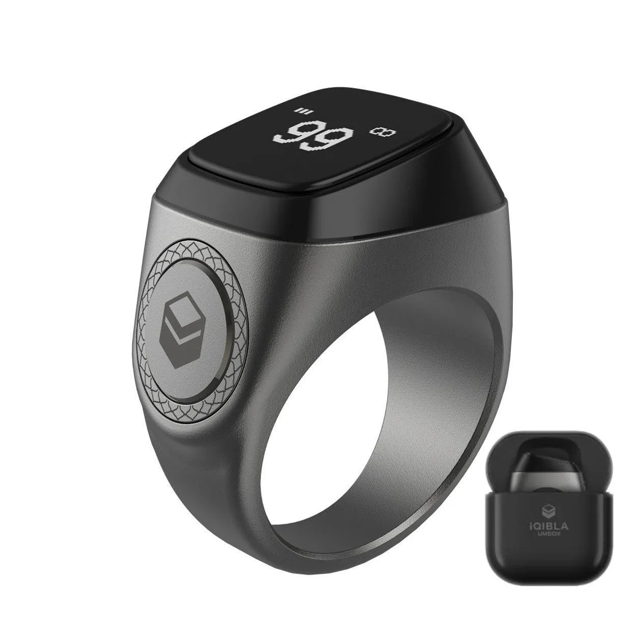 Zikr1 smart Islamic prayer ring in silver on a hand, showing its OLED display and single button.