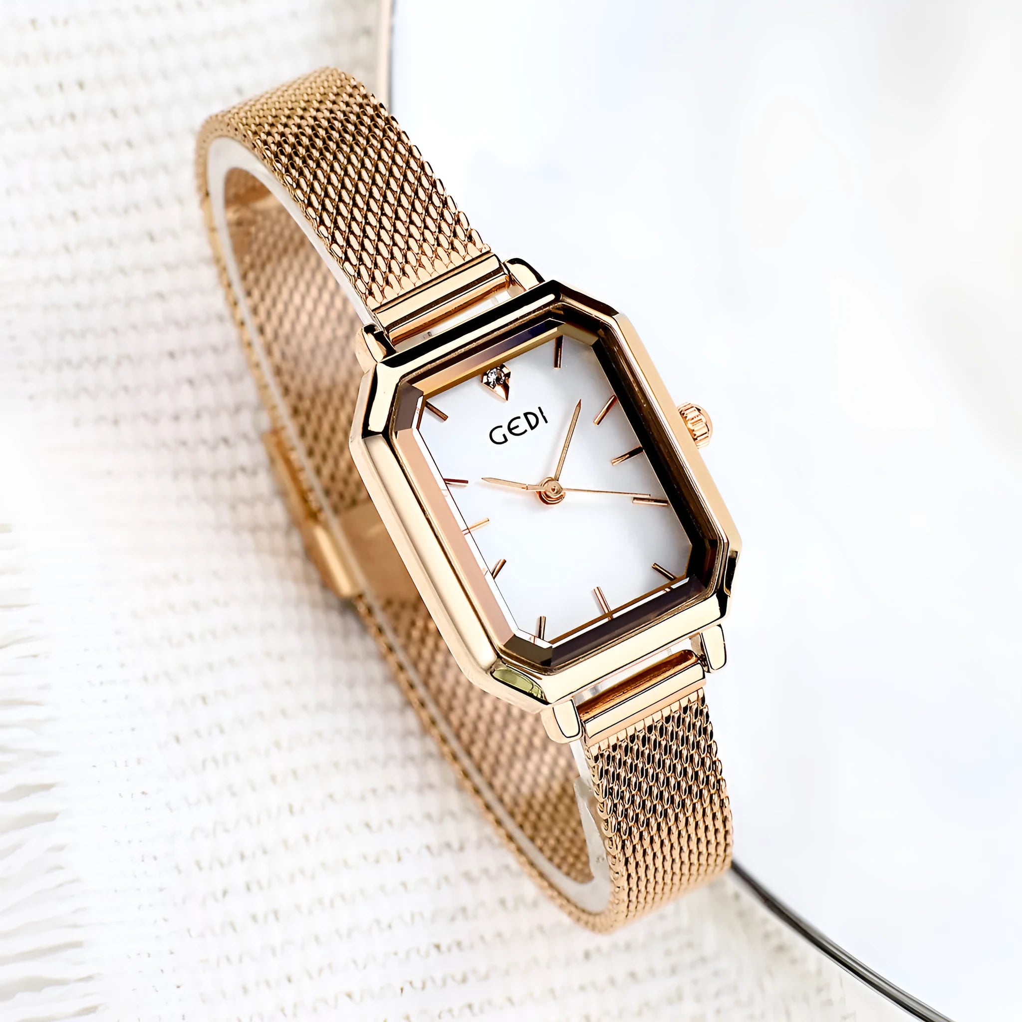 Square retro casual watch for women with rose gold case shown in multiple colour options