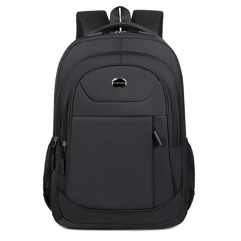 Oxford cloth college backpack in solid colour with multi-layer compartments and curved shoulder straps.