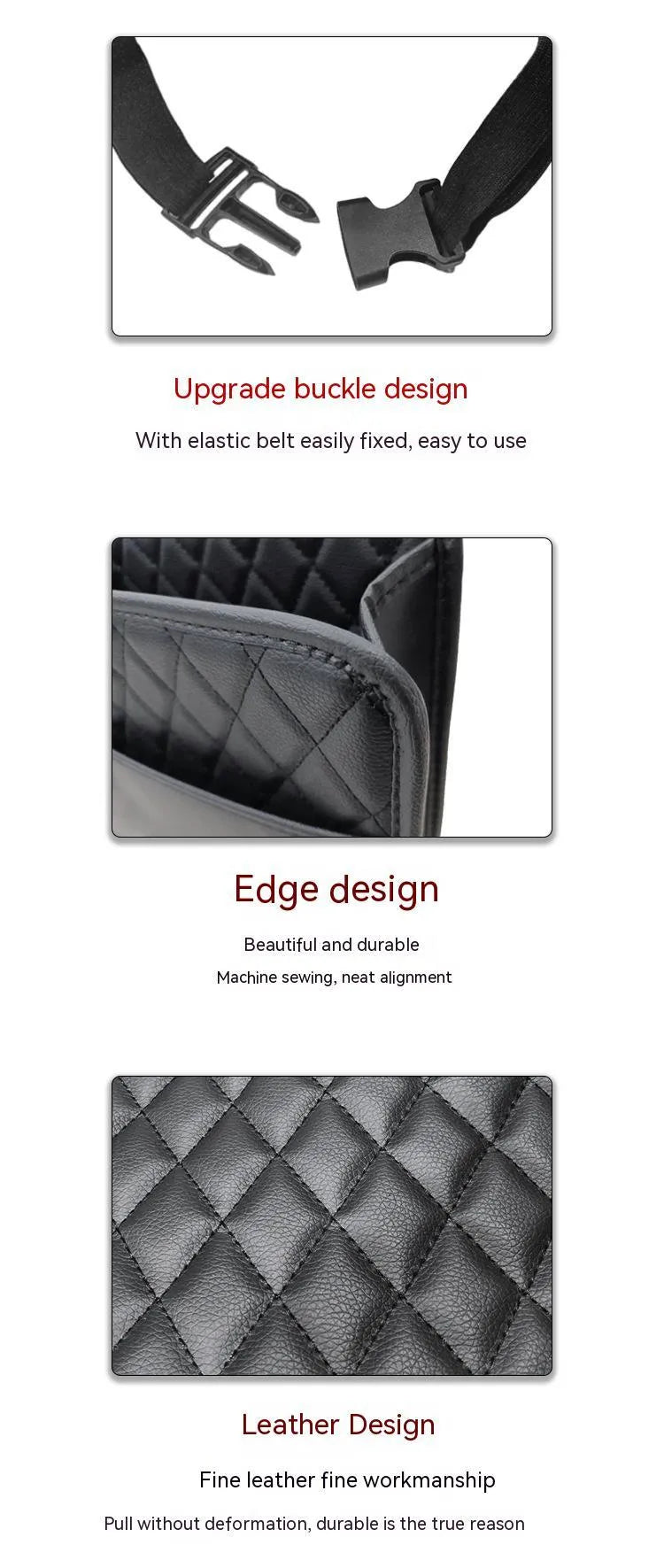 Black leather hanging storage bag for car interior organisation